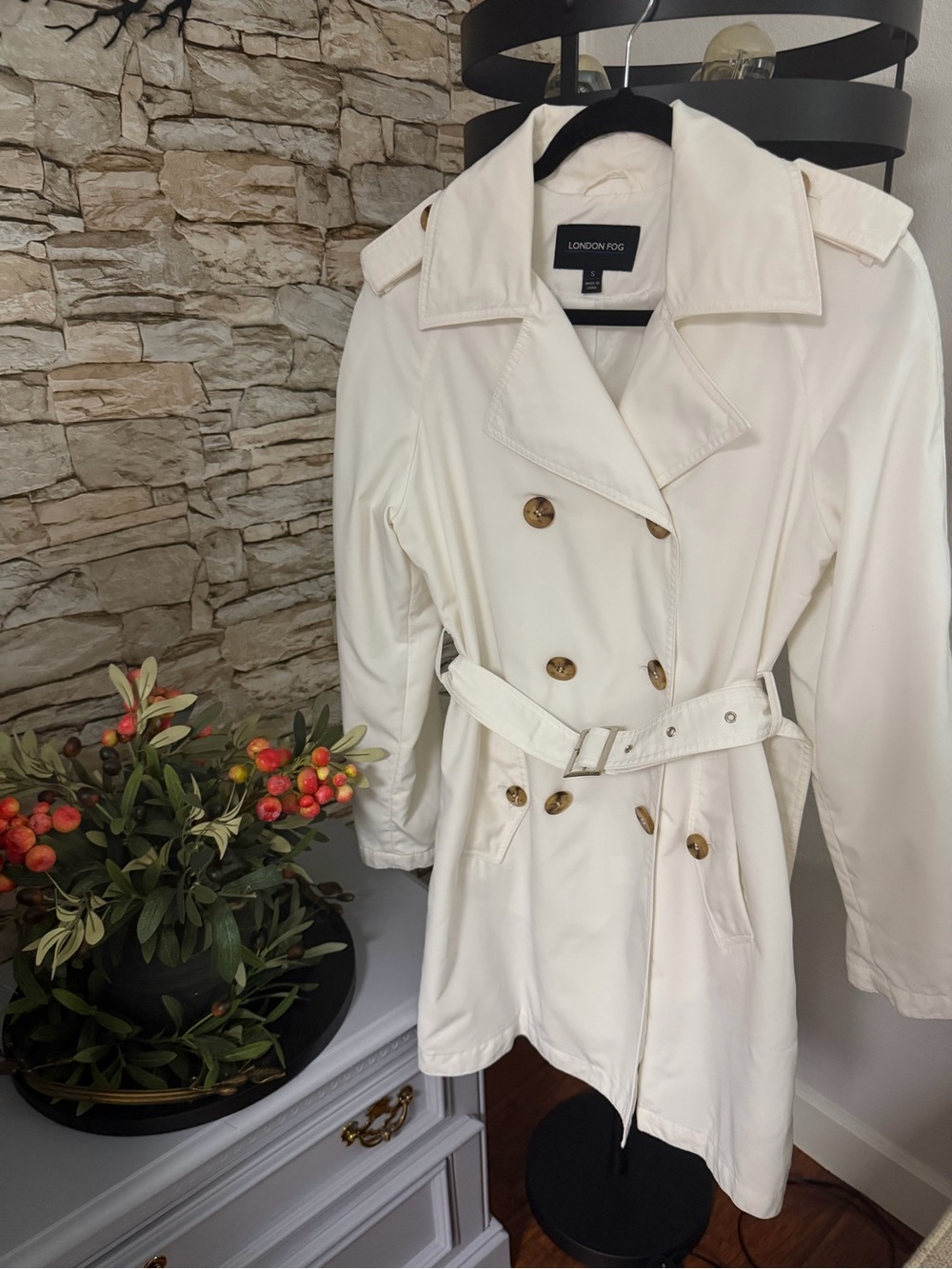 London Fog Cream Double-Breasted Belted Trench Coat